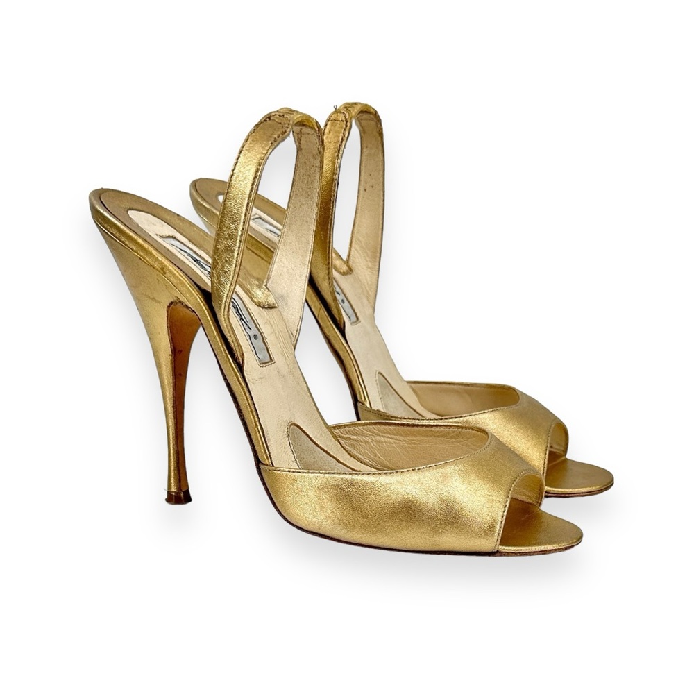 Brian Atwood Gold Stiletto Heeled Sandals sz 38.5